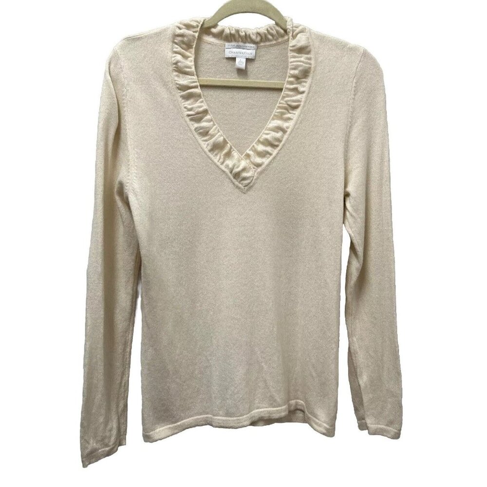 Charter Club Womens Cashmere Sweater Ivory L V-Neck Ruffle Trim Classic Preppy